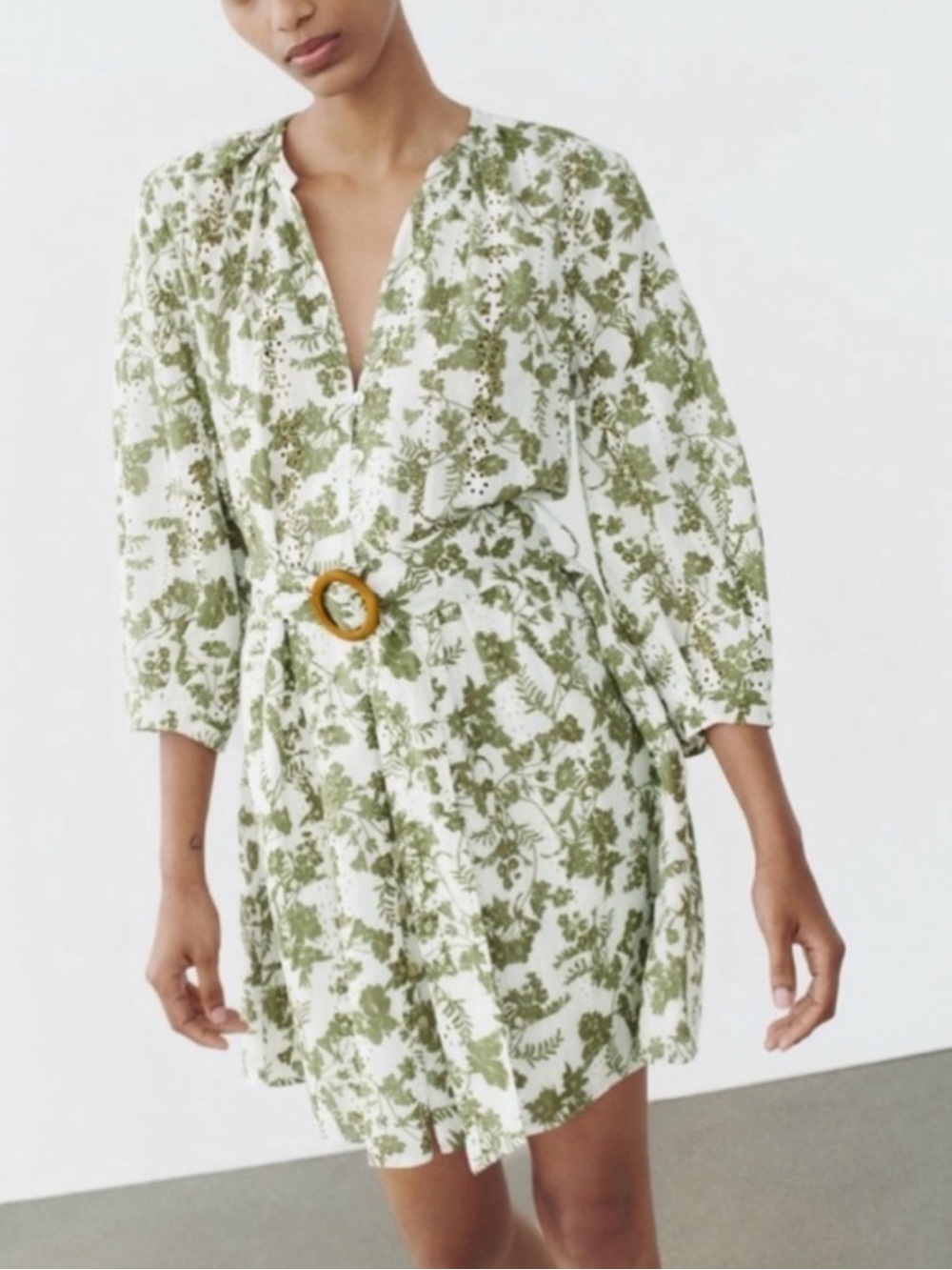 Zara White Mini Dress with Olive Floral Print and Buckle Belt